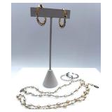 Gold & Silver Hoop Earrings - 2 Pairs & Pearl Bead Necklaces (16in & 14.5in)