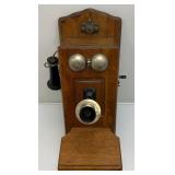 Antique Oak Wall Phone With All Components