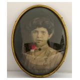 Antique Domed Glass Oval Picture Frame With Picture Of Woman 11" x 14"