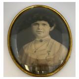 Antique Domed Glass Oval Picture Frame With Picture Of Woman 11" x 14"