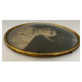 Antique Domed Glass Oval Picture Frame With Picture Of Woman 11" x 14"