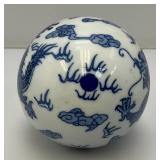 RARE Vintage Large Blue/White Chinoiserie Dragon Motif Sphere Carpet Ball 4"