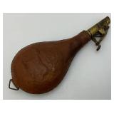 Antique CIVIL WAR Leather Black Powder Flask With Embossed Dog Theme