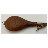 Antique CIVIL WAR Leather Black Powder Flask With Embossed Dog Theme
