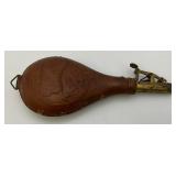 Antique CIVIL WAR Leather Black Powder Flask With Embossed Dog Theme