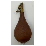 Antique CIVIL WAR Leather Black Powder Flask With Embossed Dog Theme