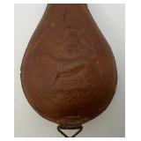 Antique CIVIL WAR Leather Black Powder Flask With Embossed Dog Theme