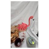 Stoneware Jar, Pitcher, chicken and flamingo décor