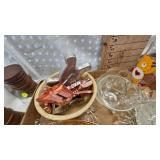 Watt Pottery Bowl, Wood Cheese Box, Vintage Glassware and Misc