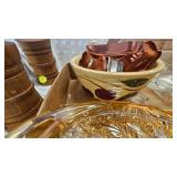 Watt Pottery Bowl, Wood Cheese Box, Vintage Glassware and Misc