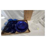 4 Blue Glasses, 2 Blue glass Cups, Dessert and Dinner Plates, Clear Glass and Bowl