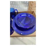 4 Blue Glasses, 2 Blue glass Cups, Dessert and Dinner Plates, Clear Glass and Bowl