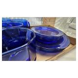 4 Blue Glasses, 2 Blue glass Cups, Dessert and Dinner Plates, Clear Glass and Bowl