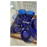4 Blue Glasses, 2 Blue glass Cups, Dessert and Dinner Plates, Clear Glass and Bowl