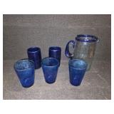 Blue Glassware, Including 1 Large Blown - Glass Pitcher