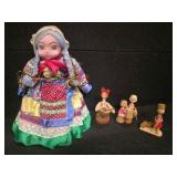 Vintage Russian (cloth) Rag Doll, and 3 small Hand-Carved Russian Doll Trinkets