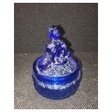 Vintage L.E. Smith Clear Blue Cobalt Glass Powder Jar/Dish - 3 SCOTTIES SCOTTYS