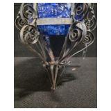 Vintage Hanging Lantern featuring a Decorative Wrought Iron Frame and Textured Blue-Glass Panels