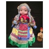 Vintage Russian (cloth) Rag Doll, and 3 small Hand-Carved Russian Doll Trinkets