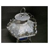 Vintage Hanging Lantern featuring a Decorative Wrought Iron Frame and Textured Blue-Glass Panels