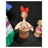 Vintage Russian (cloth) Rag Doll, and 3 small Hand-Carved Russian Doll Trinkets