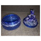 Vintage L.E. Smith Clear Blue Cobalt Glass Powder Jar/Dish - 3 SCOTTIES SCOTTYS