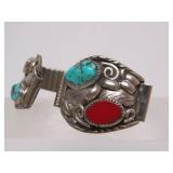 Signed Vintage Native American Sterling Silver Watch Band - Signed "GH"