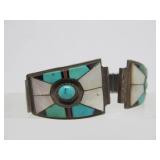 Signed Vintage Native American Inlaid Sterling Silver Watch Band - Signed "ZZY"