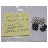 2 Sets of Vintage Sterling Silver & Freshwater Pearl Cluster Earrings