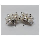 2 Sets of Vintage Sterling Silver & Freshwater Pearl Cluster Earrings