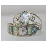 2 Vintage Southwestern Alpaca Mother of Pearl & Abalone Cuff Bracelets