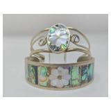 2 Vintage Southwestern Alpaca Mother of Pearl & Abalone Cuff Bracelets