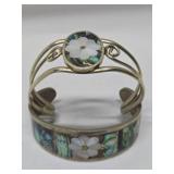 2 Vintage Southwestern Alpaca Mother of Pearl & Abalone Cuff Bracelets
