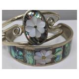 2 Vintage Southwestern Alpaca Mother of Pearl & Abalone Cuff Bracelets