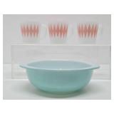 Vintage Blue PYREX Bowl & 3 Vintage Glasbake Pink Diamond Harlequin Milk Glass Mugs