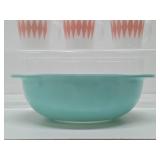 Vintage Blue PYREX Bowl & 3 Vintage Glasbake Pink Diamond Harlequin Milk Glass Mugs