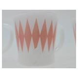 Vintage Blue PYREX Bowl & 3 Vintage Glasbake Pink Diamond Harlequin Milk Glass Mugs