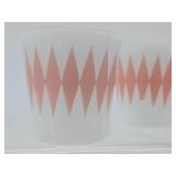 Vintage Blue PYREX Bowl & 3 Vintage Glasbake Pink Diamond Harlequin Milk Glass Mugs