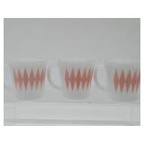 Vintage Blue PYREX Bowl & 3 Vintage Glasbake Pink Diamond Harlequin Milk Glass Mugs