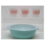 Vintage Blue PYREX Bowl & 3 Vintage Glasbake Pink Diamond Harlequin Milk Glass Mugs