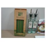 Assorted Kitchen - Oil Bottles, Glass Straws, Wine Openers