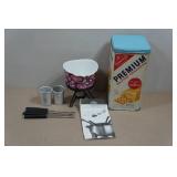 Vintage Cracker Tin and Fondue Set