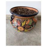 Colorful Ceramic Planter with Iron Stand - Floral Mosaic Motifs