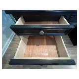 Black Wood Executive Desk with Glass Top, Dual Pedestals, 6 Drawers