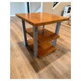 End Table - Wood Top, Blue Steel Legs, 3-Shelf Open Storage, 26H x 25W x 27D in