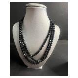 Beaded Necklace Set - Black Multi-Strand, Red Coral Beads, Gold-Tone Tassel Pendants