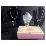 VTG PM & Co Ornate Box & Bead Jewelry Set - Pink & Cream Necklaces with Crystal Tassel Pendant