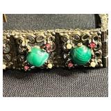 Vintage Jewelry Lot Inc Trifari - Butterfly Brooch - Green Cabochon Bracelet - Blue Leaf Brooch - all missing stones or broken pin
