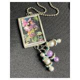 Flower Fairy Pendant Necklace Set - Framed Art Glass Charms, 3-Piece Vintage Jewelry