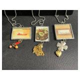 Hand Made Art Glass Square Frame Print Pendant Necklace Set - 3 Two Sided Beaded Ball-Chain Necklaces